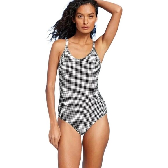NWT Kona Sol One Piece Swimsuit Black White Textured Gingham Ruched Medium - Picture 1 of 7